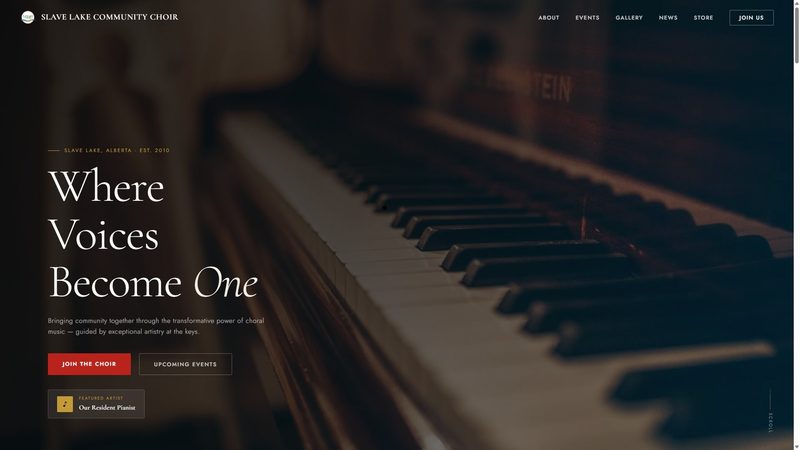 Slave Lake Community Choir homepage with 'Where Voices Become One' hero over piano keys