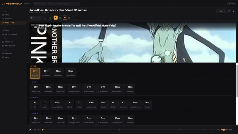 FretFlow play-along interface showing chord changes for Another Brick in the Wall