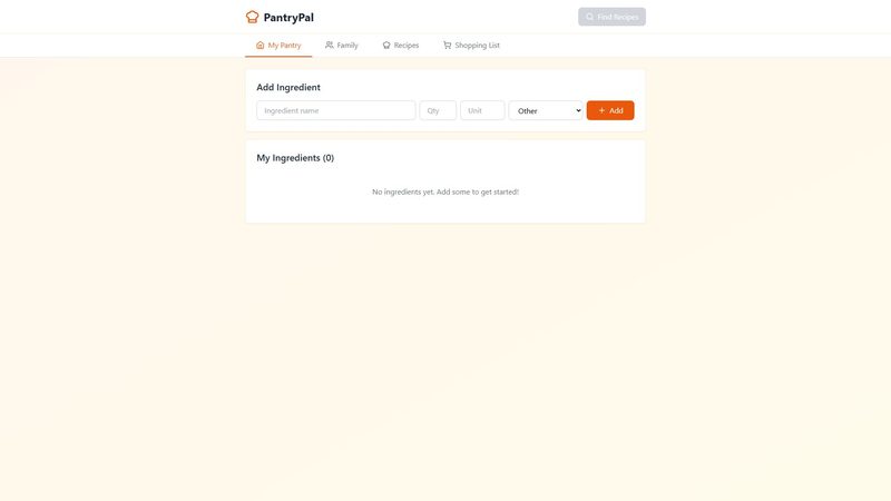 PantryPal ingredient tracker with tabs for Pantry, Family, Recipes, and Shopping List