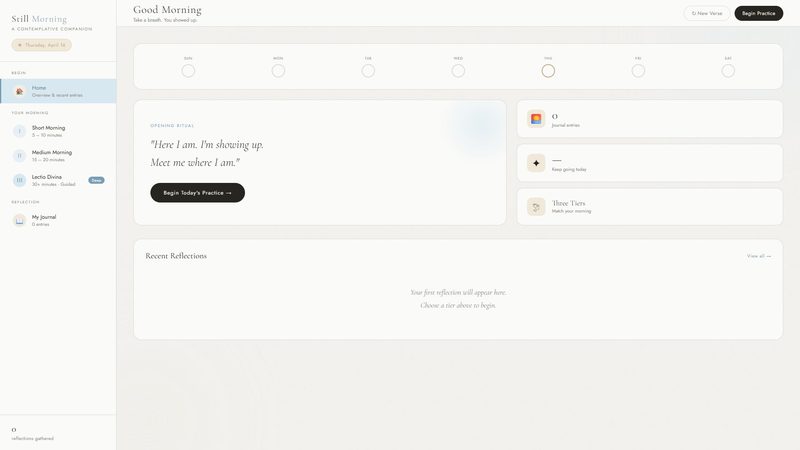 Still Morning devotional app dashboard with three prayer tiers and weekly tracker